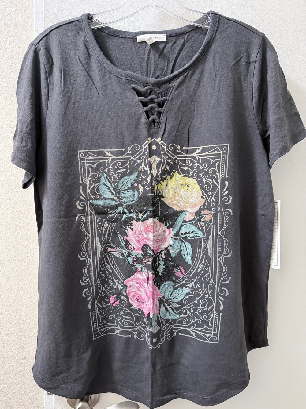 Maurices Black Lace-Up Tee with Pink & Yellow Rose Graphic